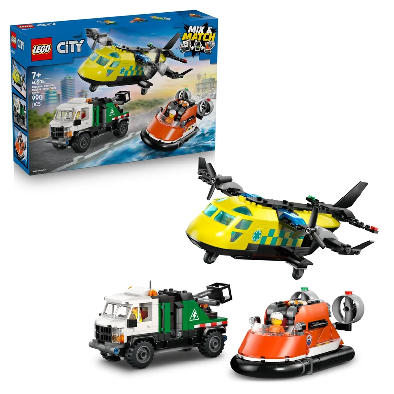 LEGO City 3in1 Airplane, Service Truck & Hovercraft Remix Toy - Mix & Match Model Vehicles Kit w/ 3 Minifigures - STEM Birthday Gift Idea for 7+ Year Old Boys - 60505