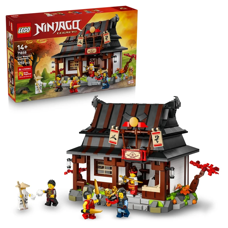LEGO NINJAGO Four Weapons Blacksmith 15th Anniversary - Ninja House Toy w/Collectible Minifigure & Trading Cards - Nostalgic Gift for 14+ Year Old Boys & Adult Fans - 71858