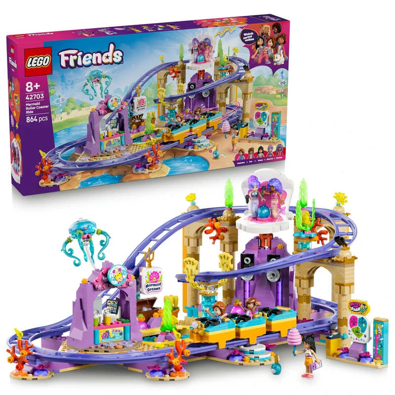 LEGO Friends Mermaid Roller Coaster Ride - Interactive Toy w/ 3 Cars, Shop, 5 Mini Dolls & Accessories - Birthday Gift Idea for 8+ Year Old Girls - 42703