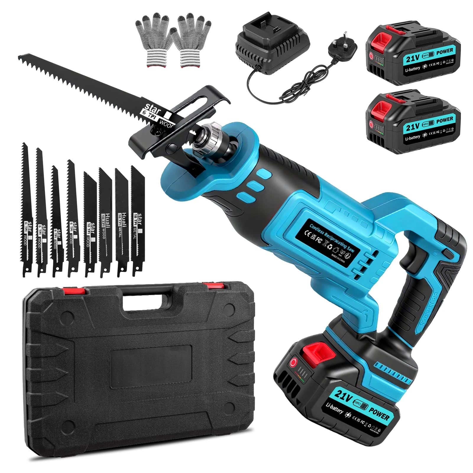 wowspeed Reciprocating Saw, 21V Cordless Electric Reciprocating Saw with 2*4Ah Battery&Rapid Charger, 0-4000RPM Electric Battery Powered Saws with Brushless Motor to Wood Metal PVC Cutting, 8 Blades