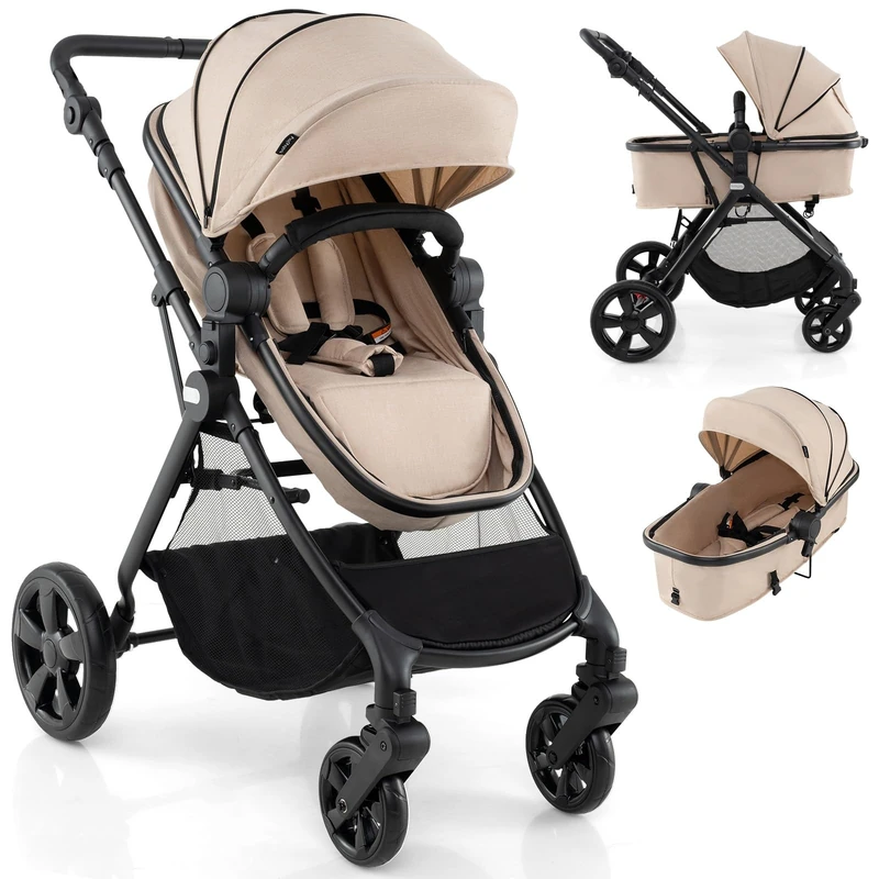 GYMAX Foldable Baby Stroller, All in One Toddler Pushchair with Adjustable Backrest/Canopy and Storage Bag, Portable Convertible Buggy Pram for Newborns (Beige, Without footmuff: 89 x 60 x 111 cm)