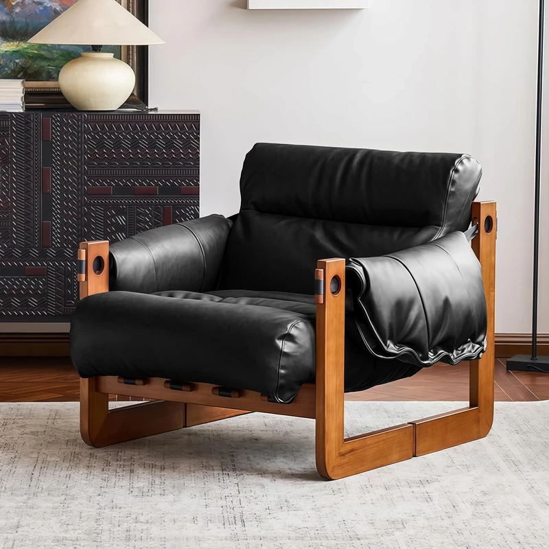 Mid Century Armchair, PU Leather Accent Chair for Living Room, Occasional Chair with Solid Wood Legs, Lounge Reading Chairs for Bedroom, Black