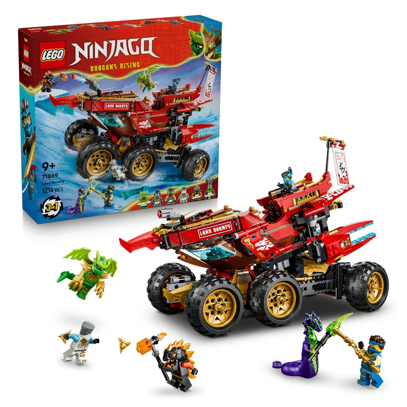 LEGO NINJAGO Land Bounty - 3in1 Ninja Toy Transforms into Flying Boat, Car & Motorbike - incl. 6 Minifigures - Birthday Gift for 9+ Year Old Boys & Dragons Rising Fans - 71869