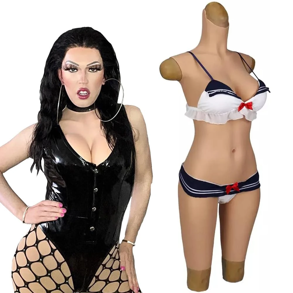 SoTUCR Crossdressing Silicone Bodysuit Female Knee Length Jumpsuit Realistic Fake Boobs Breastplate for Drag Queen Cosplay,Color 2,Gel UpgradeD Cup