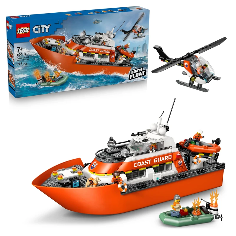 LEGO City Coast Guard Rescue Boat & Helicopter Toy - Emergency Vehicles Playset w/Model Floating Ship, 5 Minifigures & a Dog Figure - Birthday Gift for 7+ Year Old Boys - 60504