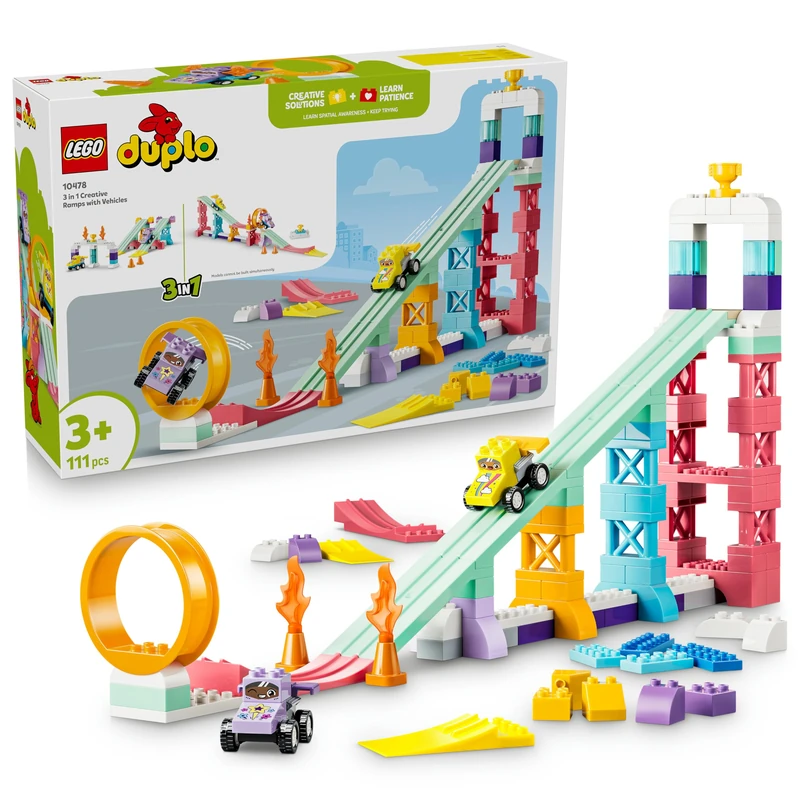 LEGO DUPLO 3 in 1 Creative Ramps with Vehicles - Educational Motor Skills Toy for Toddlers - Colour Matching Montessori Set w/ 2 Race Cars - Gift for 3+ Year Old Boys & Girls - 10478