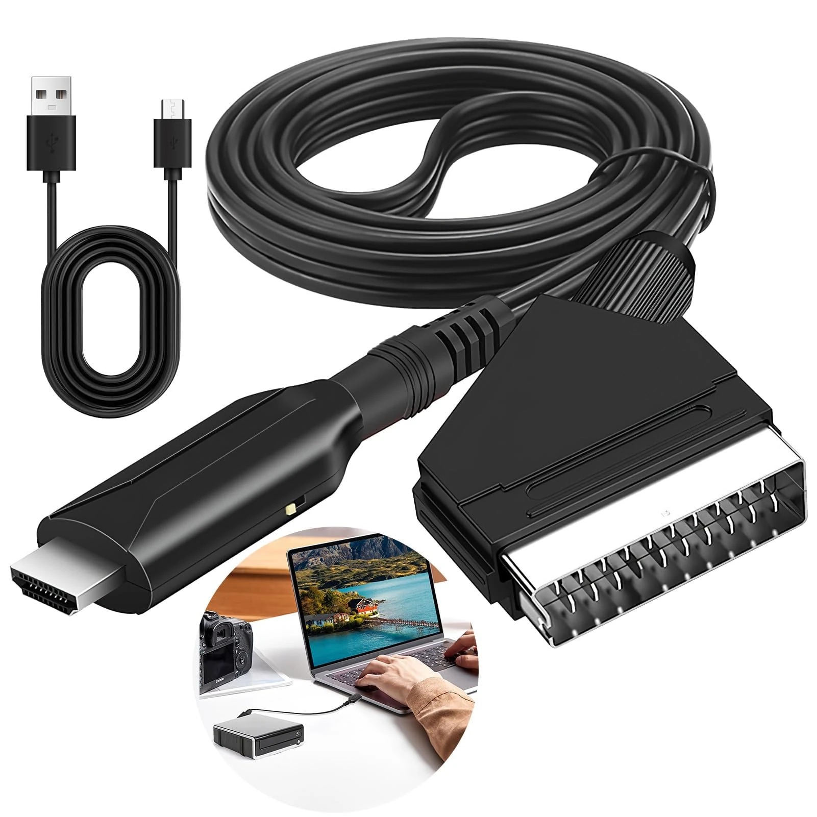 Scart to HDMI Converter, All-in-One Video Audio Scart Lead to HDMI Adapter with USB Power Cable HD 720p/1080p Plug and Play for HDTV DVD Player Monitor Projector STB VHS Xbox PS2 PS3 Sky Blu-Ray