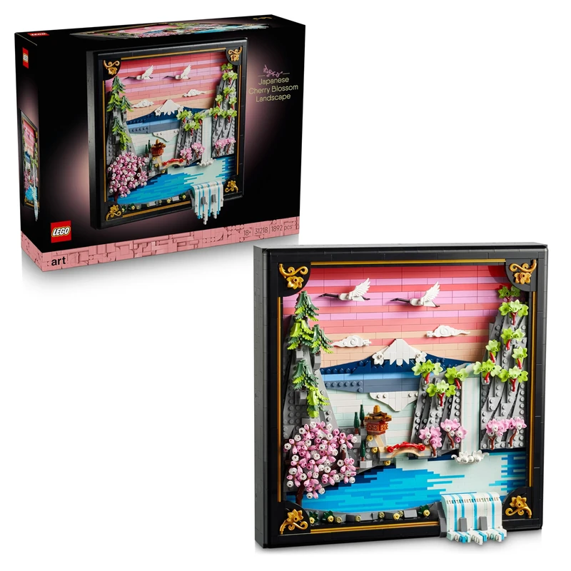 LEGO Art Japanese Cherry Blossom Landscape - DIY Miniature Model Kit for Adults - 3D Wall Art in Shadow Box Frame w/Mount Fuji, Sakura & Textured Waterfall - Gift Idea - 31218