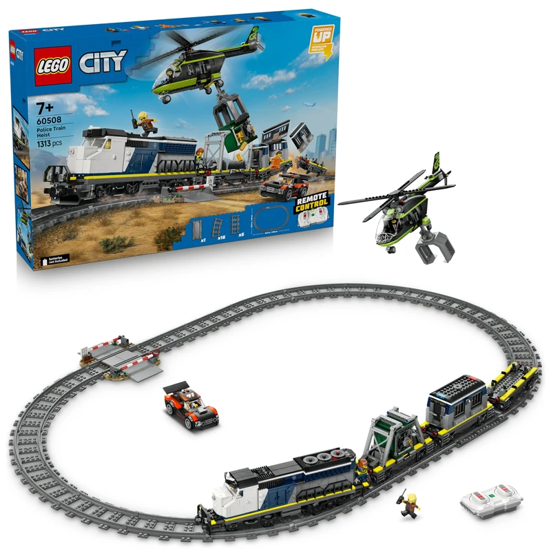 LEGO City Police Train Heist Toy - Remote Control Train Model Kit w/Circular Track, Helicopter, Rally Car & 6 Minifigures - STEM Birthday Gift for 7+ Year Old Boys - 60508