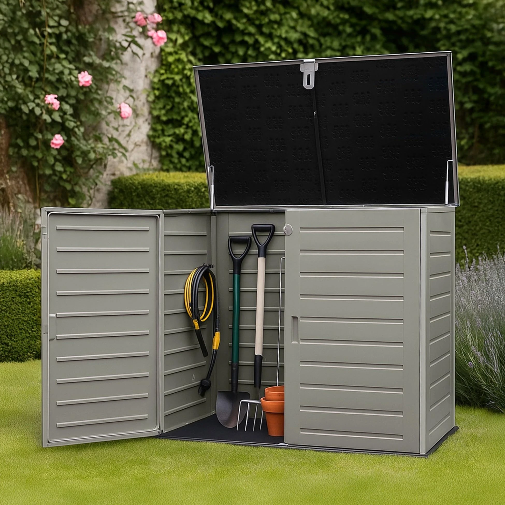 Large 1170L Garden Storage Cabinet | Grey 140x82x120cm Outdoor Front & Top Opening Tool & Equipment Box | Weather Resistant Sturdy Plastic Shed | Holds 2 x Wheelie Bins | Gas Lift Lid & Padlock Clasp