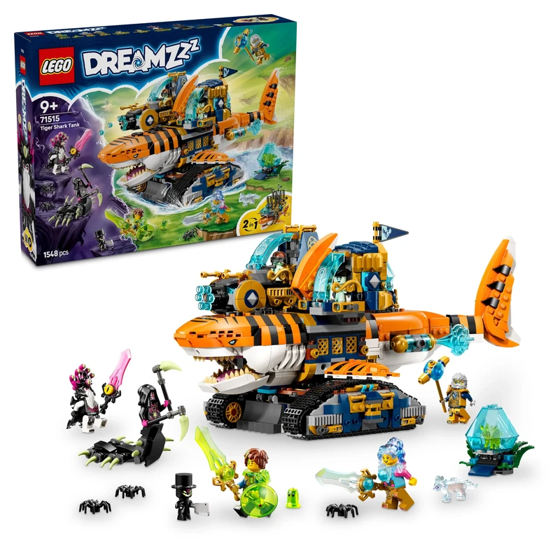 LEGO DREAMZzz 2in1 Tiger Shark Tank Toy - Transforms into a Pirate Ship w/a Cannon - incl. 5 Minifigures & 2 Collectible Treasure Creatures - Gift for 9+ Year Old Boys - 71515