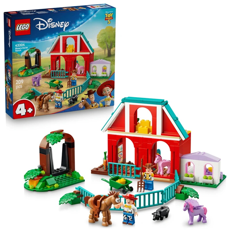 LEGO|Disney Pixar Blaze's Horse Ranch Toy - incl. Woody & Jessie Minifigures plus 2 Horses, Pegasus & Pig Animal Figures - Gift for 4+ Year Old Girls, Boys & Toy Story 5 Fans - 43304