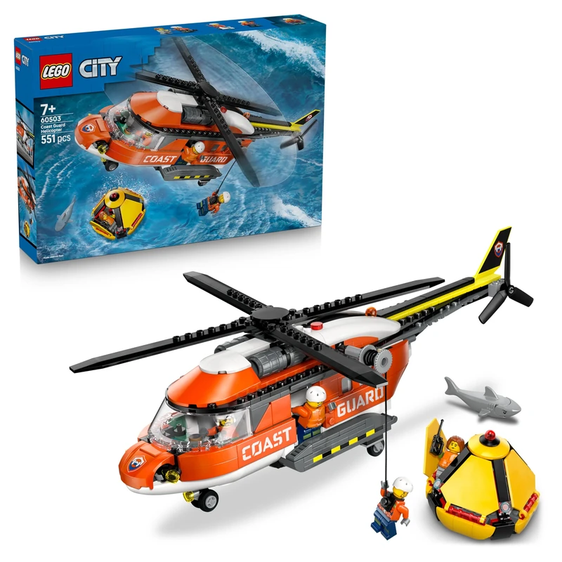 LEGO City Coast Guard Helicopter Toy - Emergency Vehicle Model Kit w/Sliding Doors, Winch, 4 Minifigures & Shark Figure - Birthday Gift for 7+ Year Old Boys - 60503