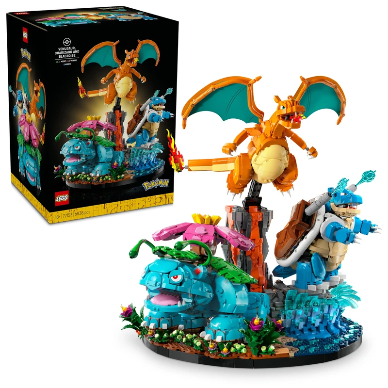 LEGO Pokémon Venusaur, Charizard and Blastoise - 3D Model Kit for Adults - 3 Anime Figures for DIY Room or Desk Decor - Collectible Gaming Gift Idea for Fans - 72153