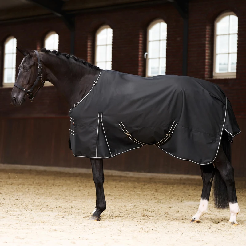 Imperial Riding IRHBasic Outdoor Blanket 200 g, Removable Neck Piece, Medium Weight Outdoor Blanket, Weatherproof Material, Kick Pleat, 600D Polyester, Cross Surcingles, Tail & Leg Cords, Black, 165