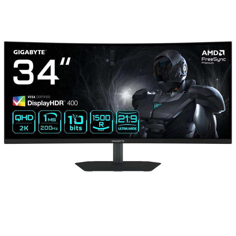 Gigabyte G34WQC2 34” WQHD Curved Gaming Monitor - 3440 x 1440, 1500R, 200Hz, 1ms, 450 cd/m2, AMD FreeSync Premium, DisplayHDR 400, HDMI 2.0, DisplayPort 1.4