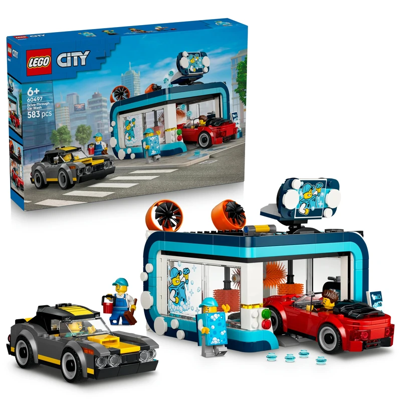 LEGO City Drive-Through Car Wash Toy - incl. 2 Model Cars, Washing Function & 4 Minifigures w/Accessories - Birthday Gift Idea for 6+ Year Old Boys - 60497