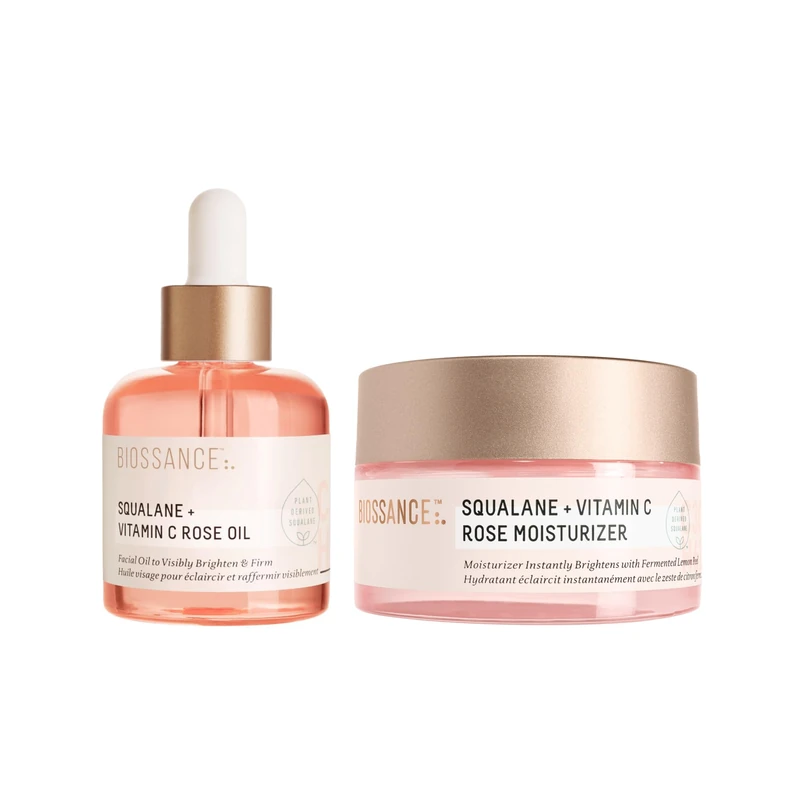 BIOSSANCE Brighten & Moisturise Duo - Vitamin C Face Moisturiser + Rose Oil - Brightening, Dark Spot & Anti-Aging Skincare - Hydrating Squalane Glow Set