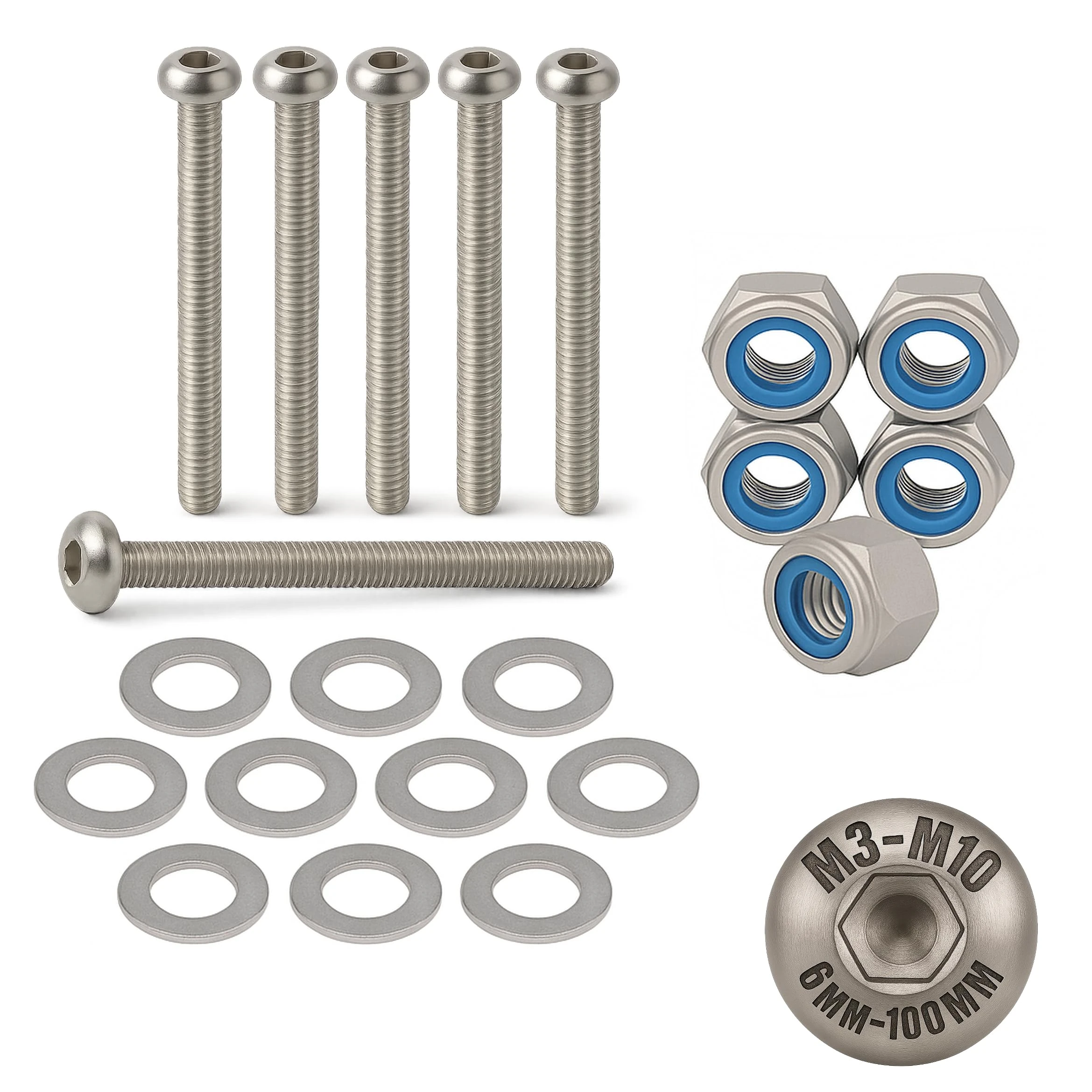 M5 x 70mm Hex Socket Button Head Nuts and Bolts and Washers Set (5PK) A2 Stainless Steel, Fully Threaded Screws For Construction, Automotive, Machinery