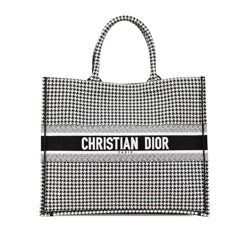 Dior Pre-Loved Large Canvas Houndstooth Embroidered Book Tote Bag
