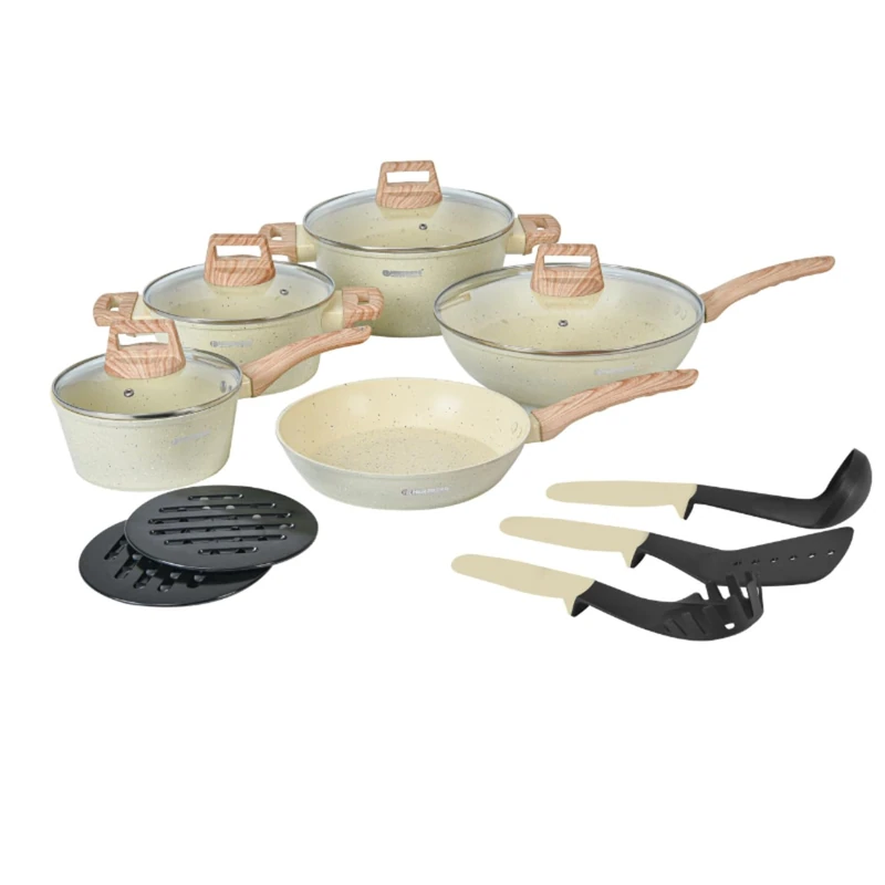 Herzberg - 14-Piece Cooking Set with Granite Coating, Forged Aluminum, Wood Look Handles, Induction Suitable, Glass Lid, Includes Kitchenware, Beige - Image 1