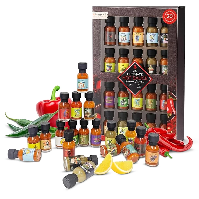 Topline Ultimate Hot Sauce Gift Set – Sampler Collection of 20 Spicy Chilli Sauce Heat Pack for for BBQ, Burgers, Tacos - Christmas Eve Gift Set for Men and Women - Fun Spicy Stocking Fillers