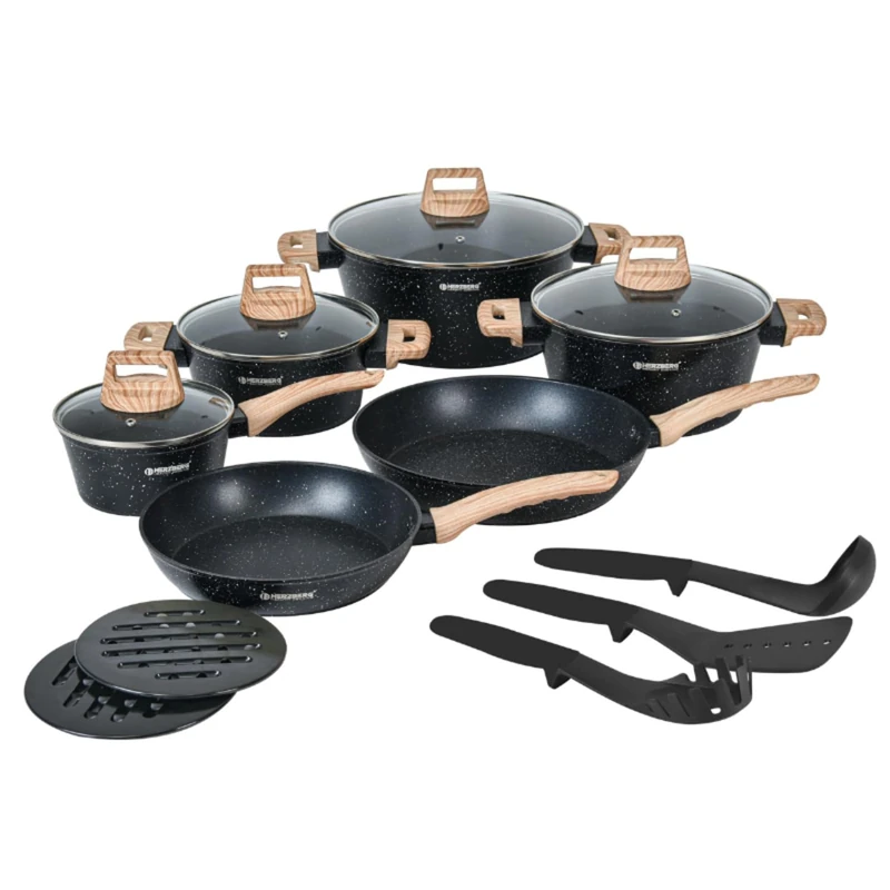 Herzberg - 15-Piece Cooking Set, Forged Aluminium, Non-Stick, Glass Lid, Ergonomic Handles, Suitable for Induction & Dishwasher, Black
