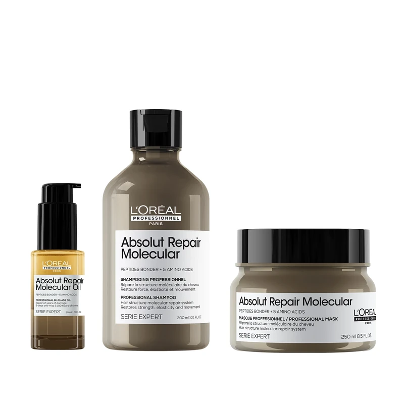L'Oréal Professionnel Absolut Repair Molecular Shampoo 300ml, Rinse-off Hair Mask 250ml & Bi-phase Hair Oil 30ml, for extremely damaged hair, bond repair, high shine, heat protection