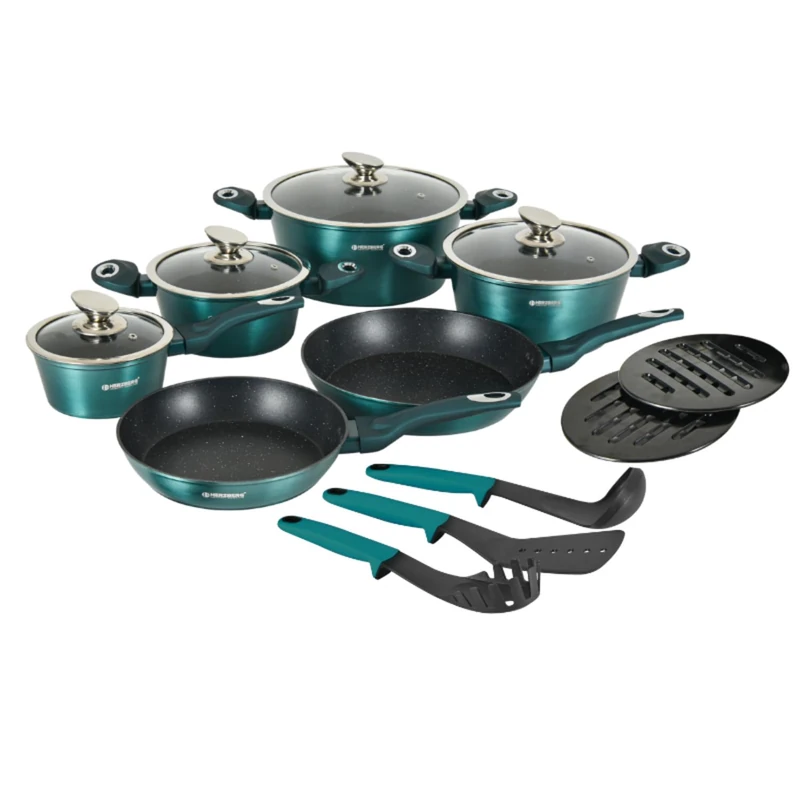 Herzberg - 15-Piece Cooking Set - Aluminum with Marble Coating, Pans, Pots, Glass Lid, Tools, Induction Compatible, Blue