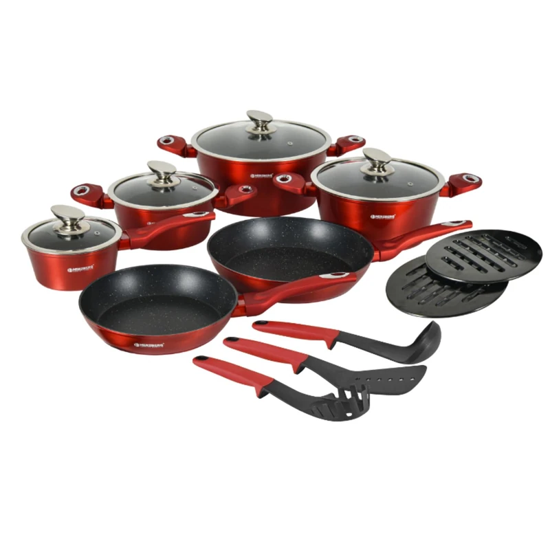 Herzberg - 15-Piece Cooking Set, Aluminum, Marble Coating, Pans, Pots, Glass Lid, Kitchenware, Induction Suitable, Red