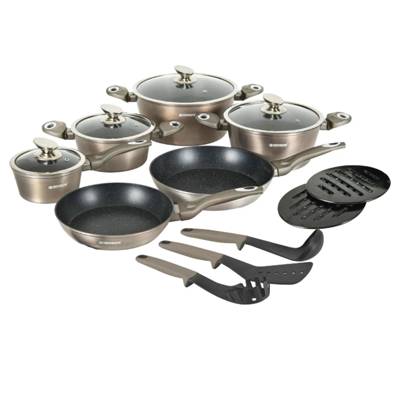 Herzberg - 15 Piece Pans Set, Aluminum, Marble Coating, Sauces, Frying Pans, Glass Lid, Kitchenware, Induction Suitable, Carbon