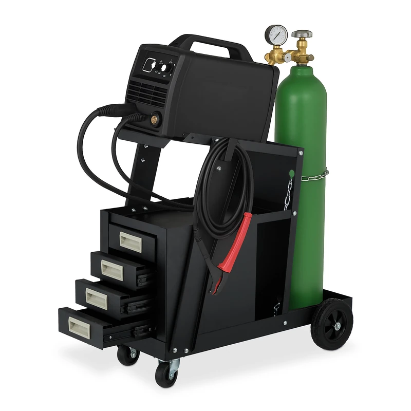 Relaxdays cart, 4 Drawers, 2 Shelves, up to 110 kg, HxWxD: 70 x 38 x 71 cm, Steel, Mobile Welding Trolley, Black, Plastic