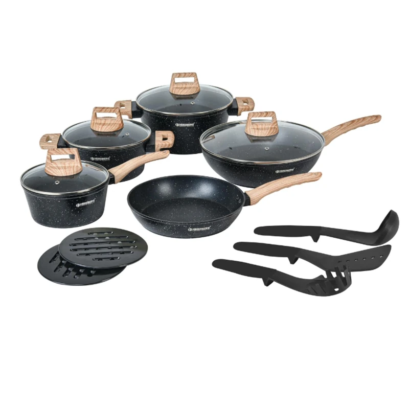 Herzberg - 14-Piece Cooking Set with Granite Coating, Forged Aluminium, Wood Look Handles, Induction Suitable, Glass Lid, Includes Kitchenware, Black