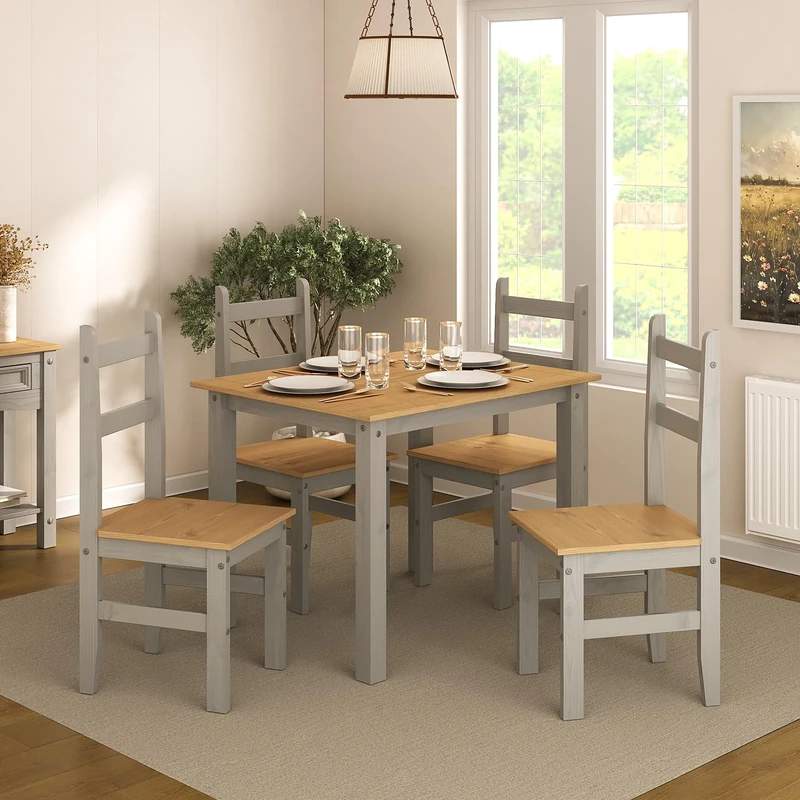 Mews Corona Dining Table Set 4 Seater Grey Solid Mexican Pine Wood Table With 4 Chairs