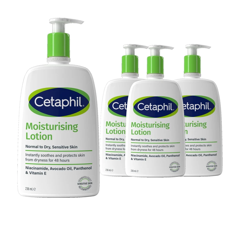 Cetaphil Moisturising Lotion, Face & Body Moisturiser, For Normal To Dry Sensitive Skin, With Niacinamide, Pack of 4 Items (4 x 236ml), Packaging May Vary