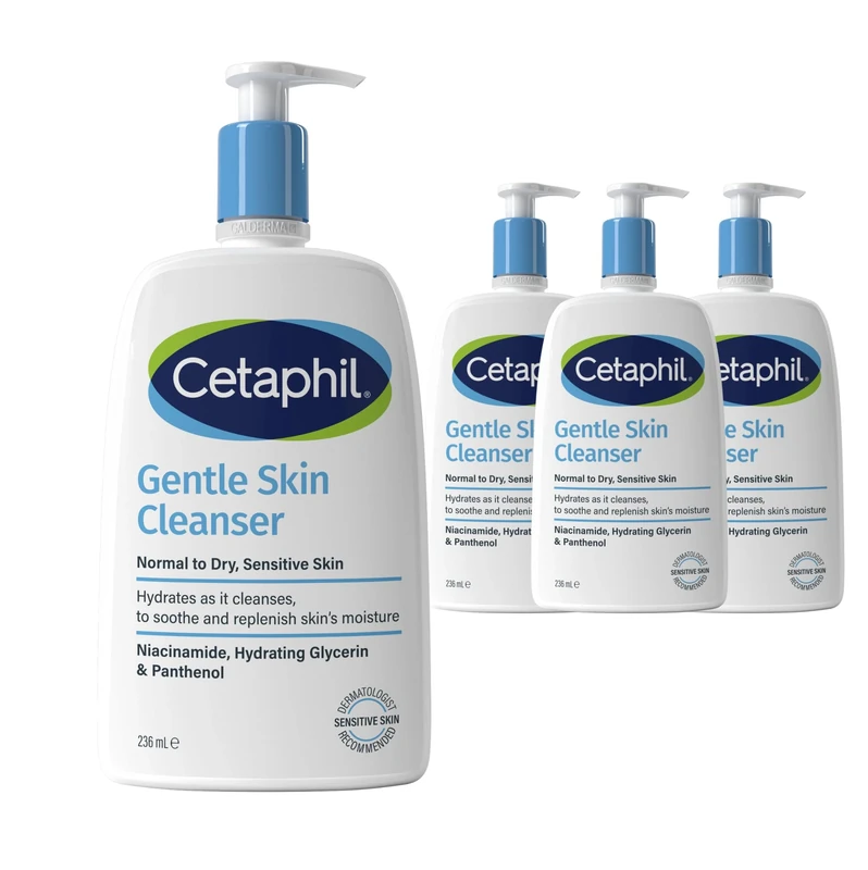 Cetaphil Gentle Skin Cleanser, Face & Body Wash, For Normal To Dry Sensitive Skin, With Niacinamide & Glycerin, Soap Free, Pack of 4 Items (4 x 236ml), Packaging May Vary