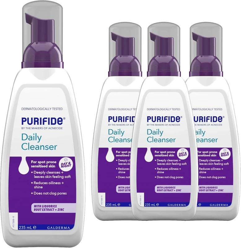 Purifide by Acnecide Daily Cleanser Acne Face Wash for Spot Prone Skin & Blemish Control, For Women and Men, Pack of 4 Items (4 x 235ml)