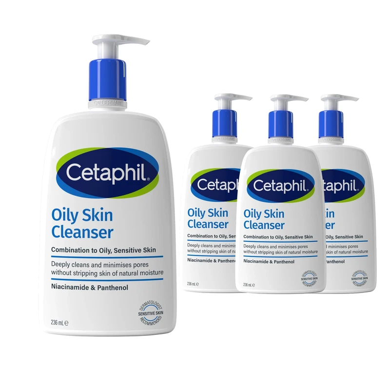 Cetaphil Oily Skin Cleanser, Face Wash, For Combination to Oily Sensitive Skin, With Niacinamide, Pack of 4 Items (4 x 236ml), Packaging May Vary