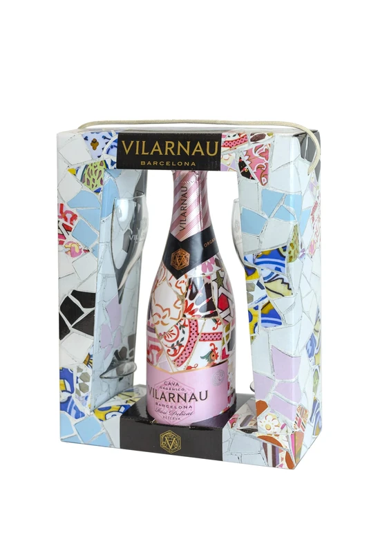 Vilarnau Brut Rose Reserva Organic Cava 75cl Gift Pack & 2 flutes (Pack of 6)