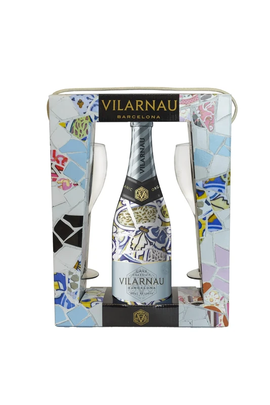 Vilarnau Brut Reserva Organic Cava 75cl Gift Pack & 2 flutes (Pack of 6)