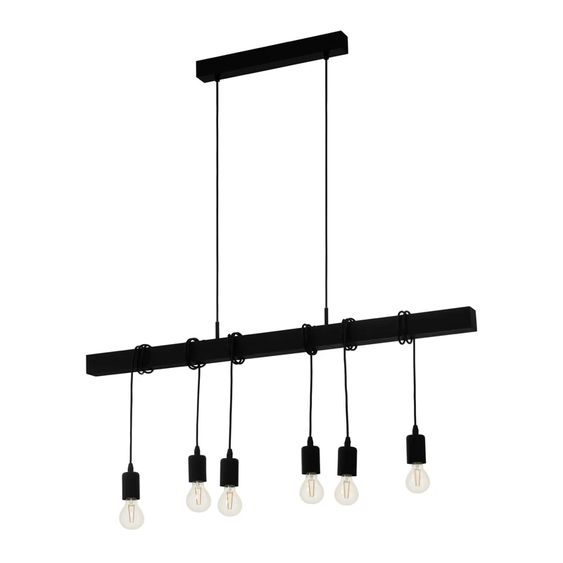 Eglo Pendant Light Townshend Wood Vintage, Dining Room Hanging Lamp, 6-Light Pendant, Retro Lighting in Industrial Style with E27 Socket, Black
