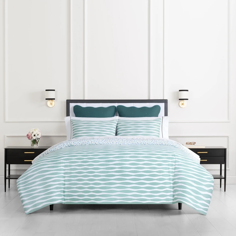 Kate Spade New York Rhythmic Geo Twin Comforter Set, 300 Thread Count Cotton Sateen Reversible Cover, All Season 2 Piece Bedding, Machine Washable, Blue Aqua Tourmaline - Image 1