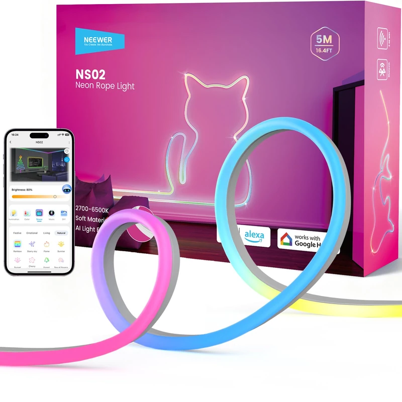 NEEWER 16.4ft/5m LED Strip Lights, Smart AI RGB Flexible Cuttable Neon Rope Light with App Control for Bedroom Gaming Room Indoor Studio Home Classroom Wall Decor, NS02