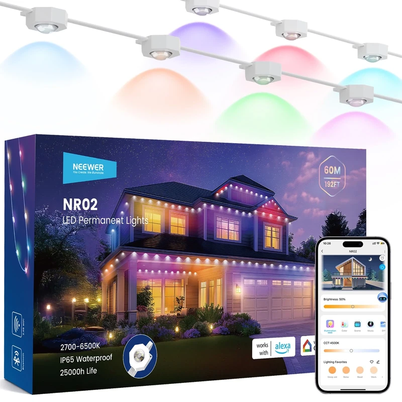 NEEWER 196ft Permanent Outdoor Lights for House Decor, Smart AI RGBCW Outside Eaves String Christmas Lighting with 120 LED Lights App Control 50+ Scenes IP65 Waterproof, Compatible with Alexa, NR02