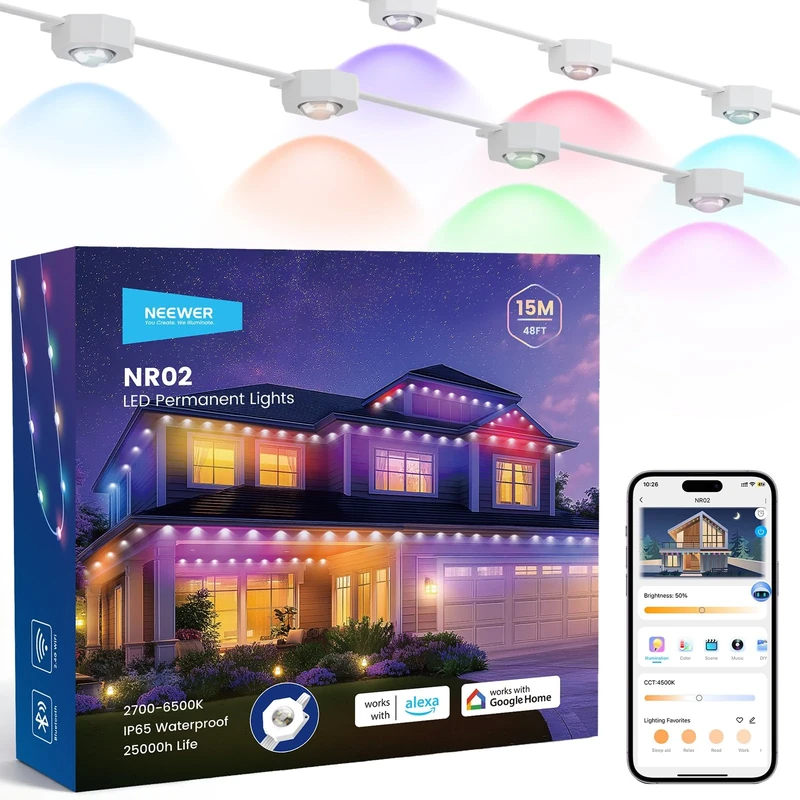 NEEWER 48ft Permanent Outdoor Lights for House Decor, Smart AI RGBCW Outside Eaves String Christmas Lighting with 30 LED Lights App Control 50+ Scenes IP65 Waterproof, Compatible with Alexa, NR02