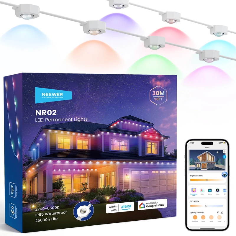 NEEWER 96ft Permanent Outdoor Lights for House Decor, Smart AI RGBCW Outside Eaves String Christmas Lighting with 60 LED Lights App Control 50+ Scenes IP65 Waterproof, Compatible with Alexa, NR02