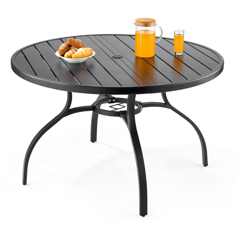 VEVOR Outdoor Patio Dining Table, 120cm Round Metal Steel Slat Backyard Bistro Tables, with 38mm Umbrella Hole, Outside All-Weather Large Furniture for Lawn Garden Porch, Black
