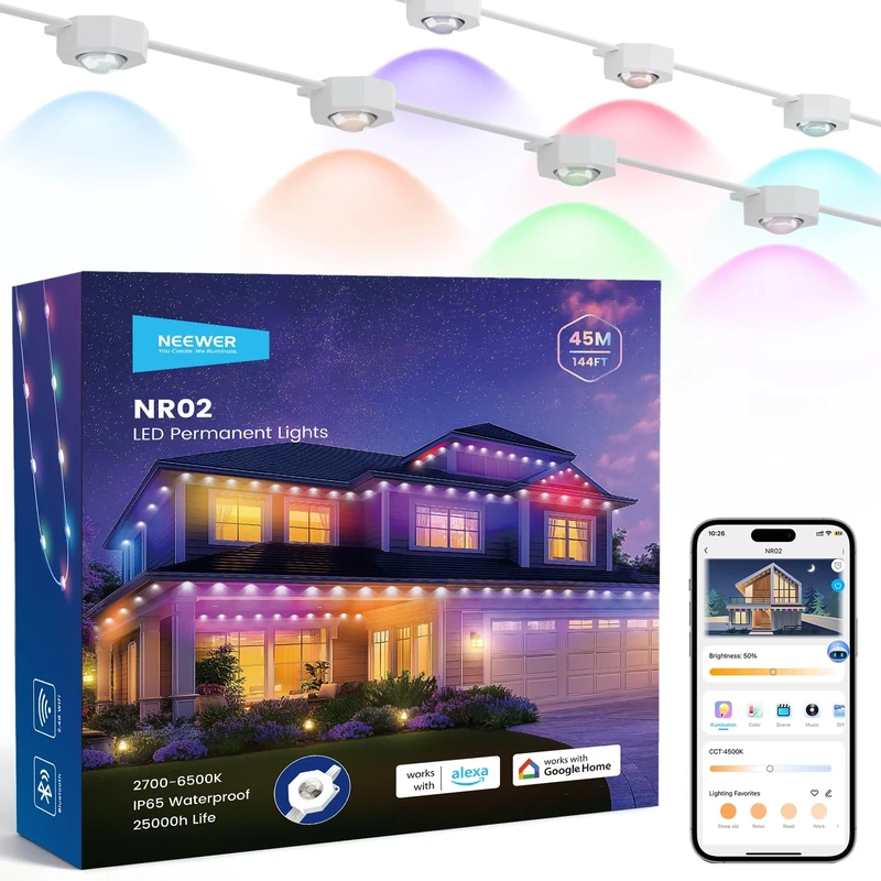 NEEWER 144ft Permanent Outdoor Lights for House Decor, Smart AI RGBCW Outside Eaves String Christmas Lighting with 90 LED Lights App Control 50+ Scenes IP65 Waterproof, Compatible with Alexa, NR02