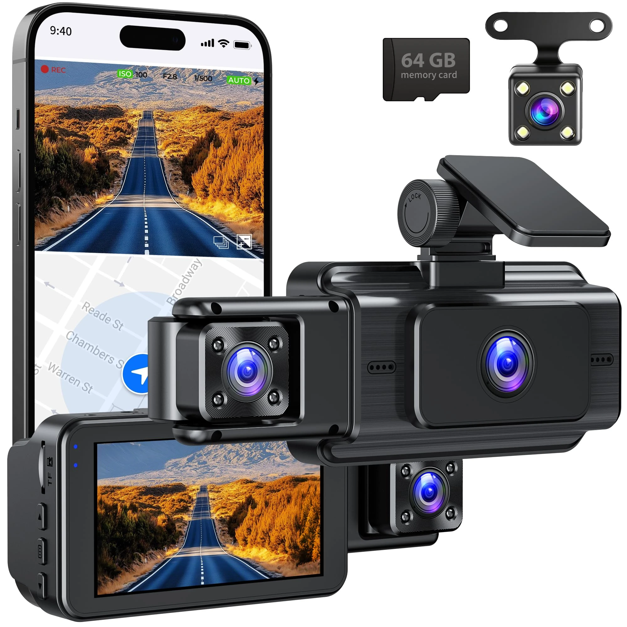 Dash Cam Front and Rear, 3 Channel Dashcam Car Camera with 64GB SD Card, Wi-Fi, Night Vision, 3" IPS Display, G-Sensor, APP Control, Loop Recording for Cars, Vans, Trucks (Black)