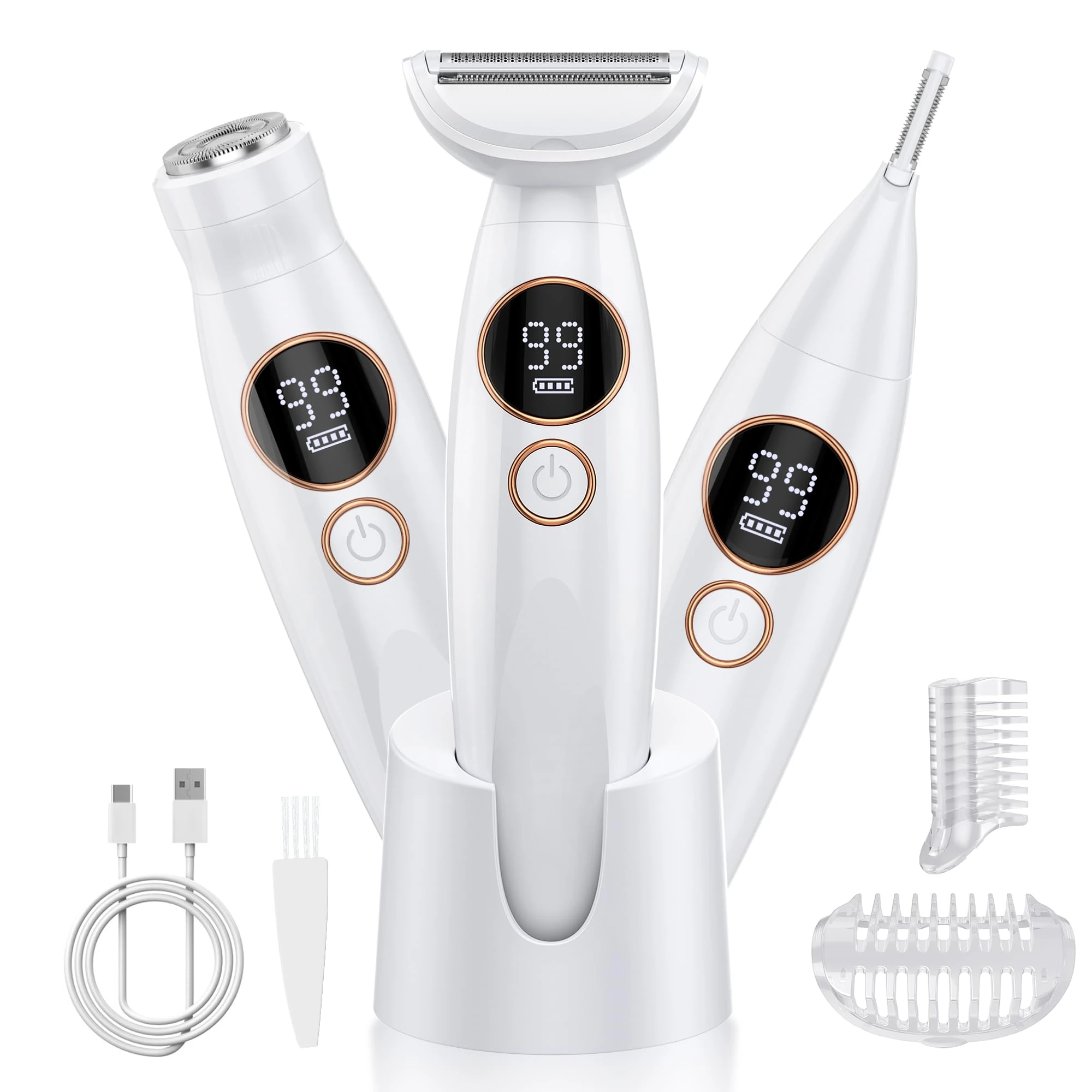 Bikini Trimmer Women 2-in-1 Facial Hair Remover for Women,USB-C Razors Woman,Dual Head Shaver Woman with Smart Light for Intimate,Lady Shavers for Woman Pubic Hair for Lip Underarm Body,Travel Lock